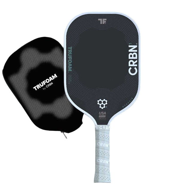Pickleball paddle with CRBN branding and Trufoam case on a gray background