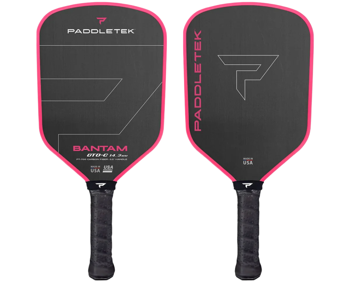 Two black and pink pickleball paddles with 'Paddletek' branding on a white background.