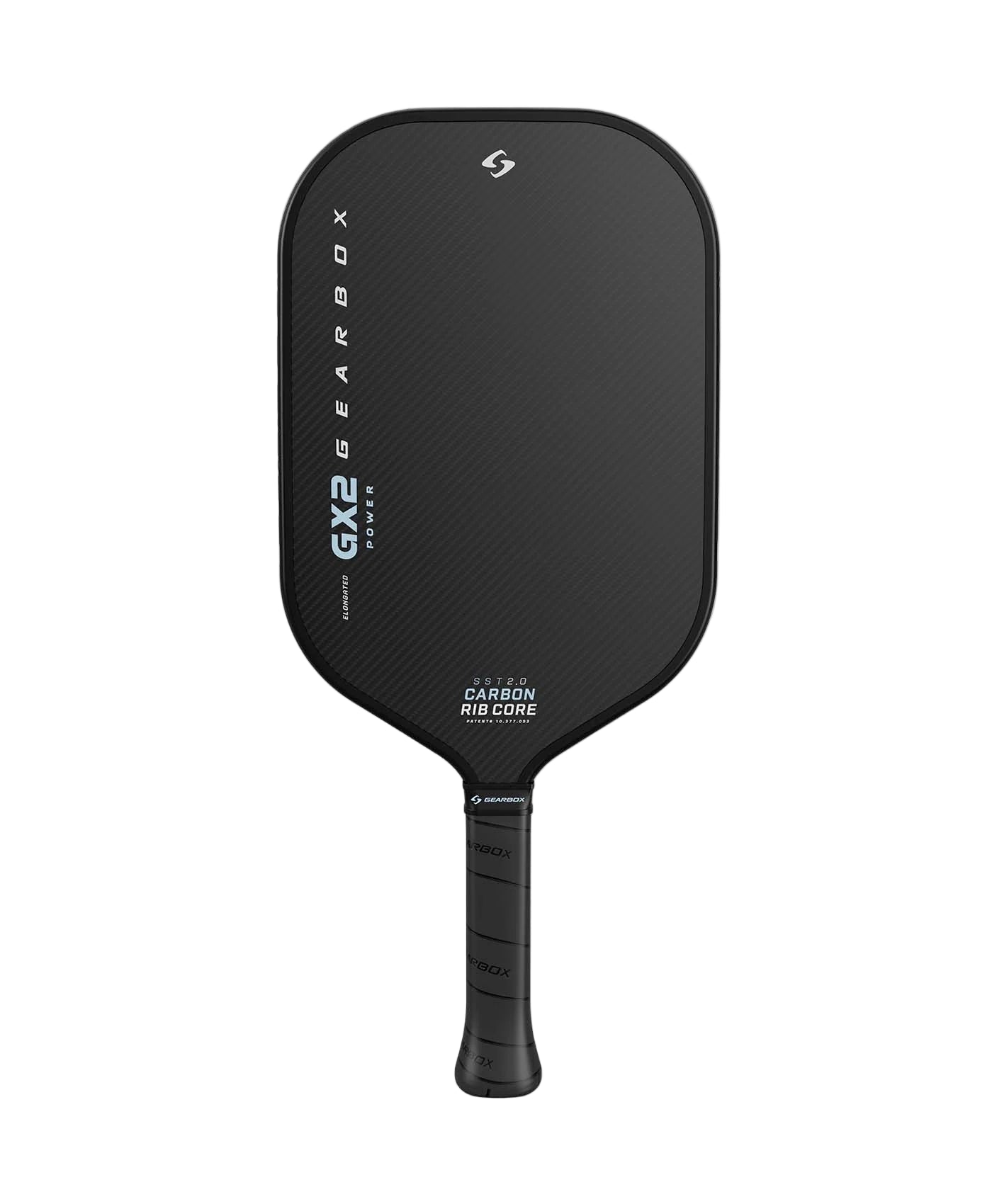 Black pickleball paddle with text on a white background