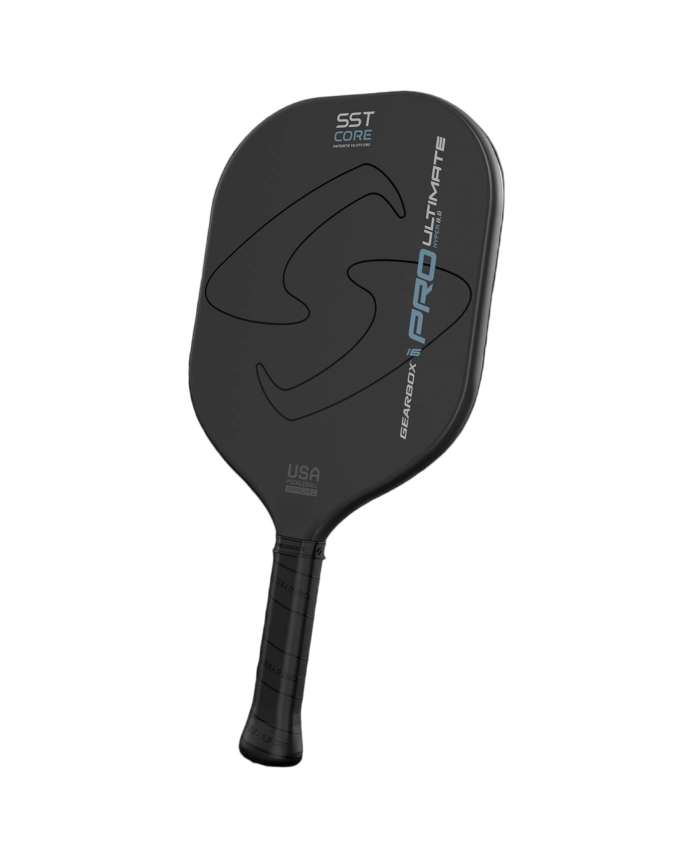 A black Gearbox Pro Ultimate Hyper pickleball paddle with a geometric pattern design.