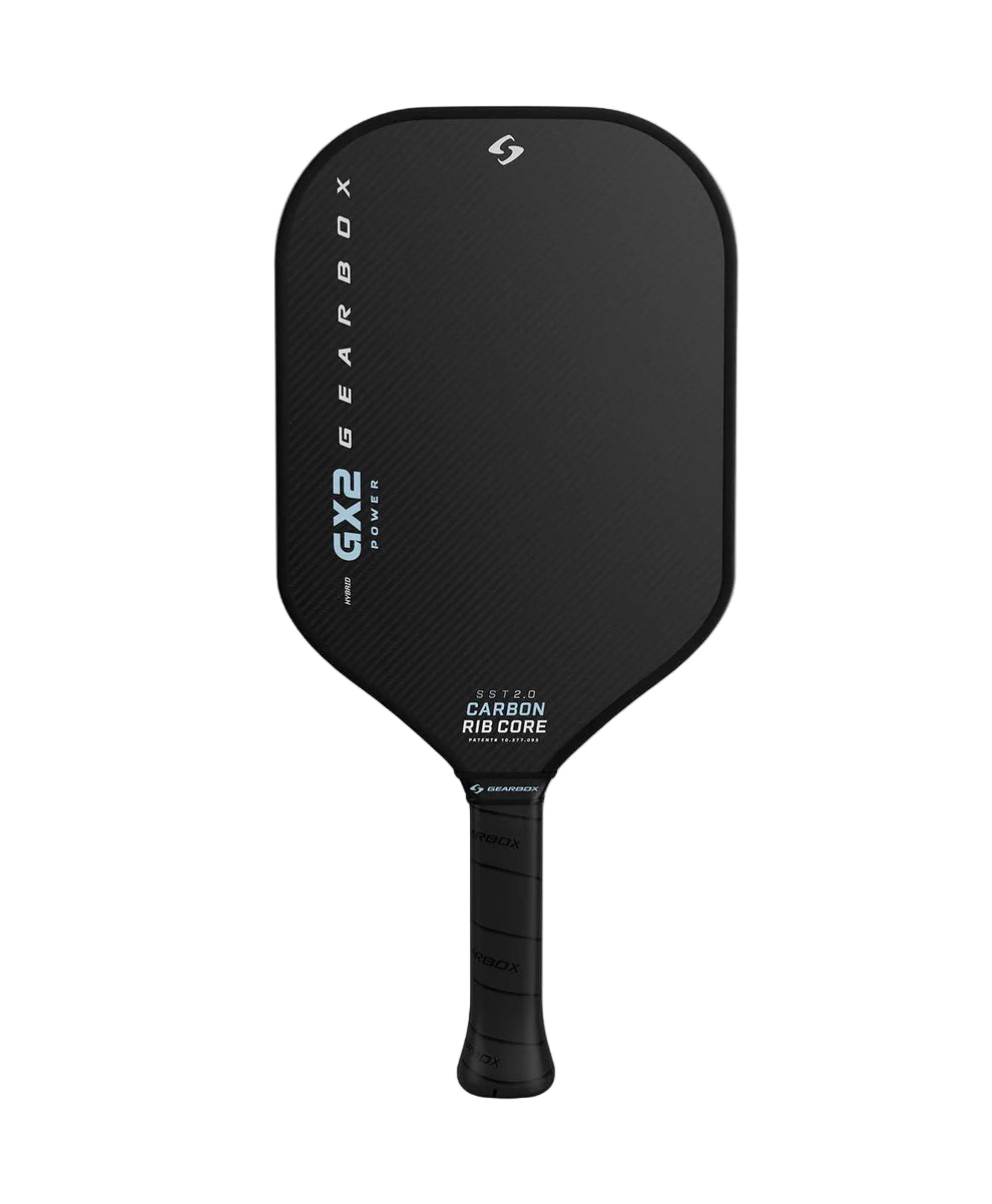Black pickleball paddle with text on a white background
