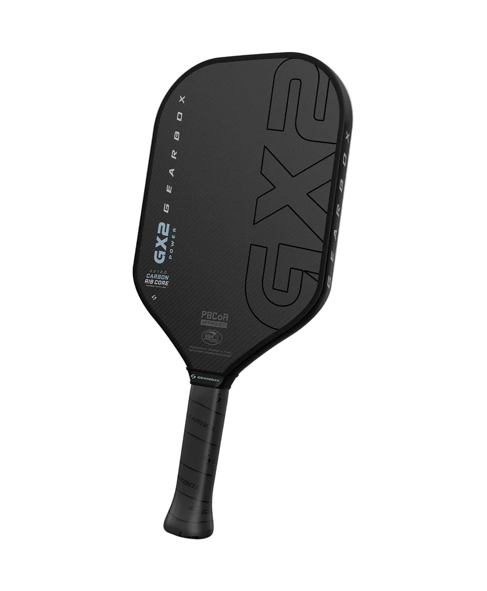 Black pickleball paddle with 'GY2' branding on a white background