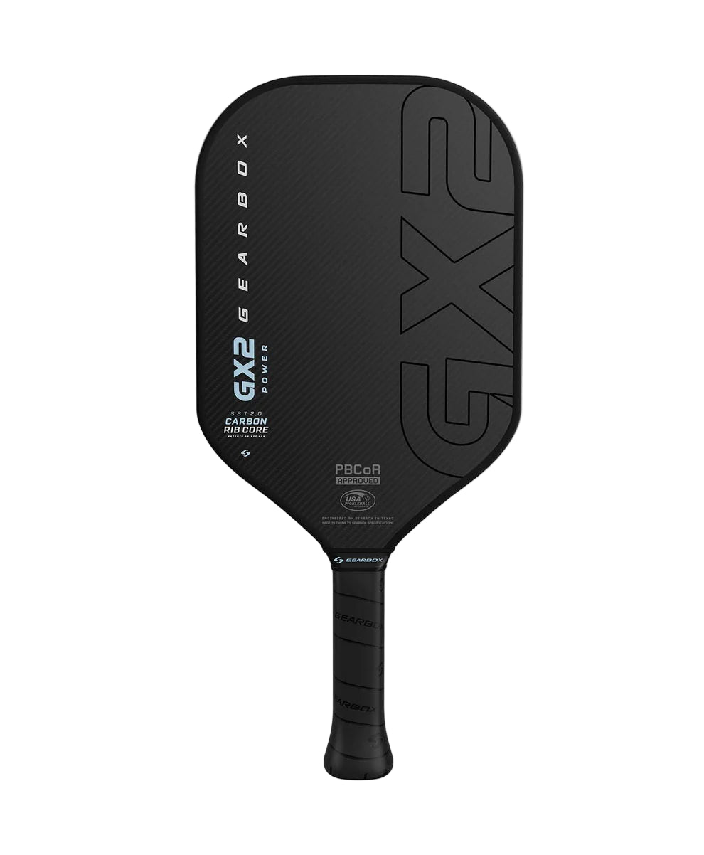 Black pickleball paddle with 'Gearbox' branding on a white background